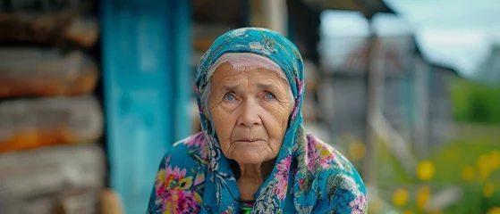 Foto auf gebürstetem Alu-Dibond Heringsdorf, Deutschland elderly woman posing outside her country home and glancing at the camera