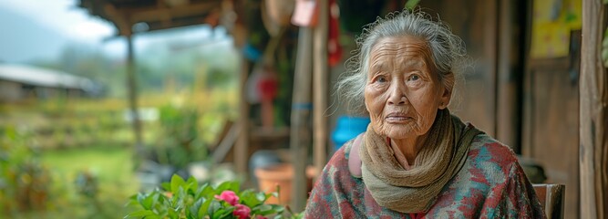 elderly woman posing outside her country home and glancing at the camera