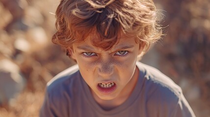 Little youngster displaying aggression and a grimace of anger - obrazy, fototapety, plakaty