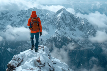 Hiker Achieving Triumph at Mountain Peak
