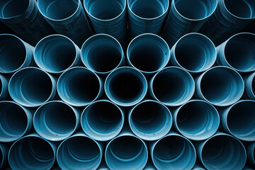 Close up of multiple blue pipes arranged in a row against a black background