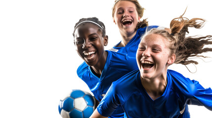 Three youth girls group of soccer football players smiling in blue uniforms transparent background