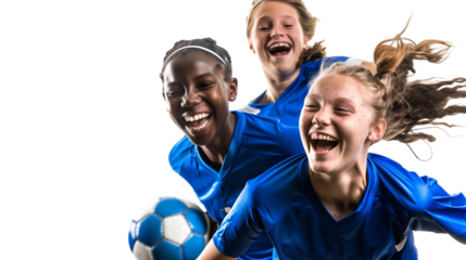 Three youth girls group of soccer football players smiling in blue uniforms transparent background