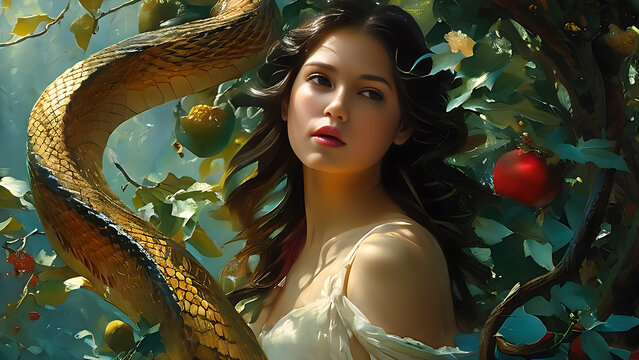 Eve in Eden reaching for the forbidden fruit at the instigation of Satan in a snake's skin.