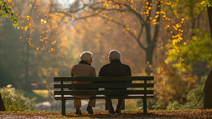 An elderly couple in the park relaxing on a bench