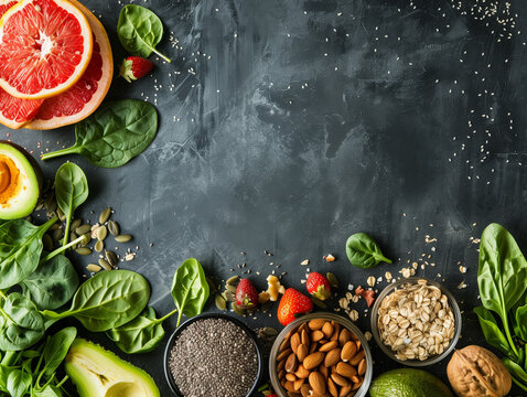 Healthy Foods Background Image With Copy Space, Flatlay of Leafy Vegetables, Nuts and Seeds, Fruits That Promote A Healthy Lifestyle