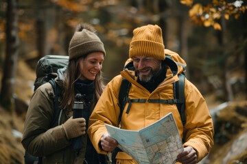 Hikers in Forest Analyzing Route