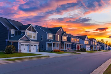 row of housing complexes with sunset in the background. The streets are quiet and peaceful. The setting sun creates warmth