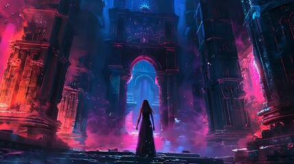 Anime manga character in a ambient hallway, horror, dark red, girl, LOFI