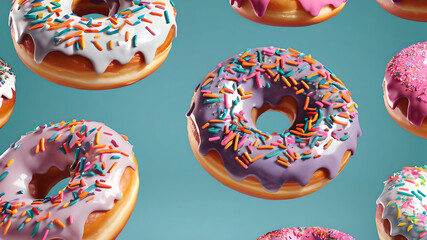 Flying delicious donuts with sprinkles, cut out