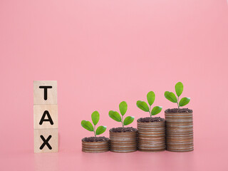 Wooden blocks with the word TAX and plants growing up on stack of coins. The concept about saving...