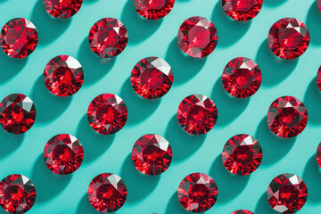 Group of vibrant red diamonds sparkling on a mesmerizing turquoise background with shadows and light reflections