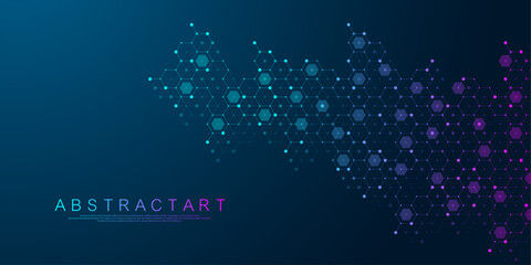 Obraz premium Modern health care or medical background design. Health care innovation concept. Horizontal header web banner. Abstract geometric background with hexagon shapes for medicine, science, chemistry.