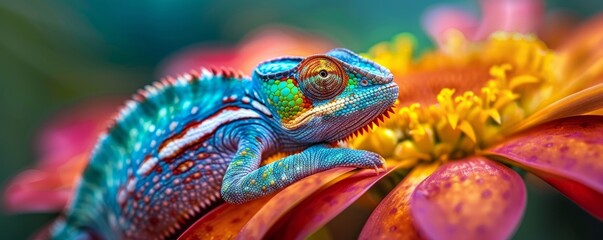 Chameleon On Flower in Sharp Colorful Detail
