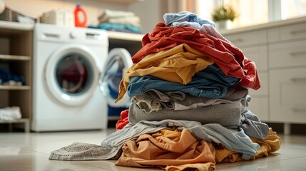 Pile of laundry in front of washing machine at home interior - obrazy, fototapety, plakaty