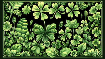 Lush Green Shamrocks Pattern Signifying Luck and St. Patrick's Day - obrazy, fototapety, plakaty