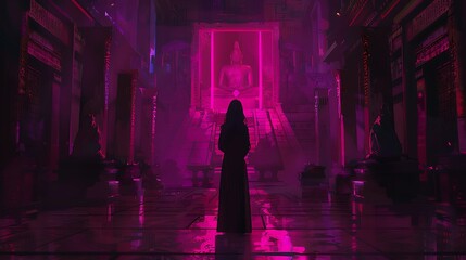 Anime manga character in a ambient hallway, horror, dark red, girl, LOFI