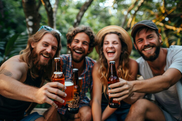 Friends Having a Fun Beer Gathering at Picnic