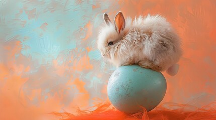 A fawn rabbit with whiskers sits on an electric blue Easter egg