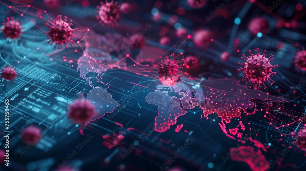 Poster visualization of global virus spread. digital visualization of global virus spread. a graphical digi
