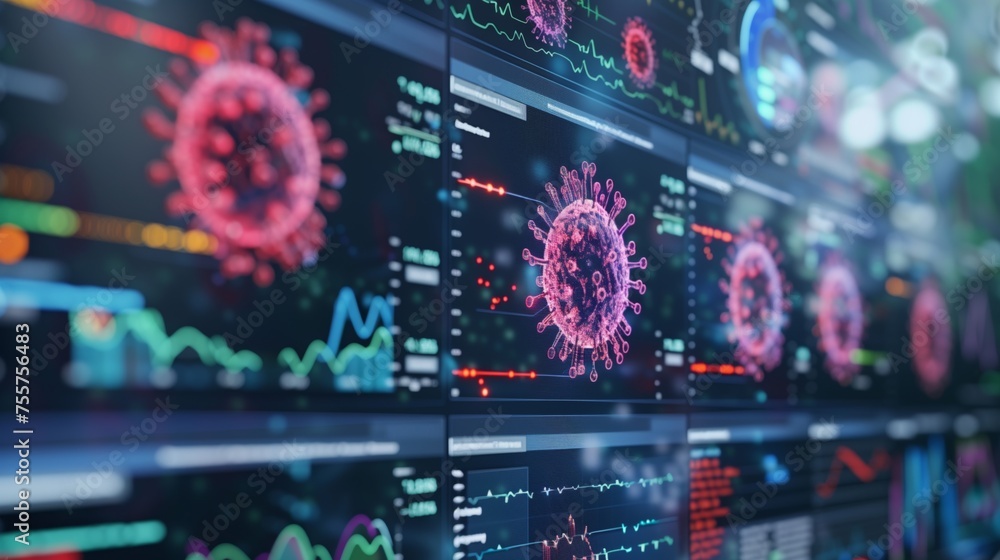 Aufkleber monitoring pandemic statistics on multiple screens. focused analysis of pandemic statistics and data
