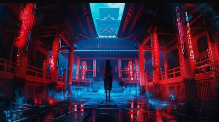 Anime manga character in a ambient hallway, horror, dark red, girl, LOFI - obrazy, fototapety, plakaty