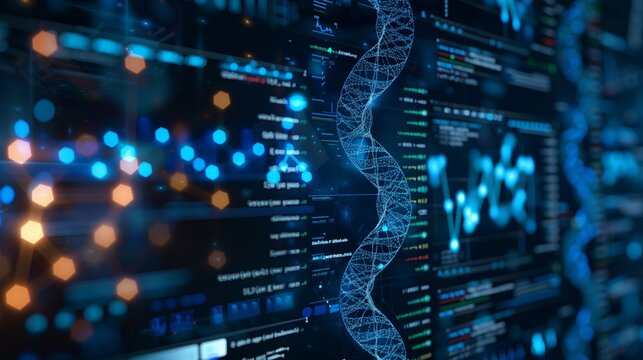 Genetic Research Data and DNA Visualization. Complex genetic sequencing data displayed on a computer screen with a visual representation of DNA.