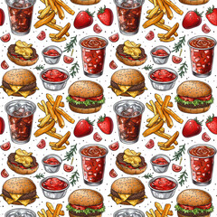 Seamless pattern fast food vector style hamburgers