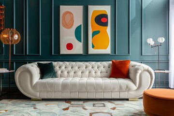 Chic white curved tufted sofa and pouf against teal classic wall panels with vibrant colorful art poster. Art deco style home interior design of modern living room