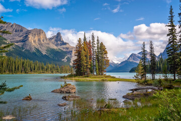 Spirit island in Maligne lake, Jasper National Park, Alberta, Rocky Mountains, Canada - 755757241