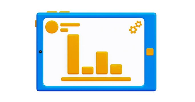 3D animation icon. Tablet icon with infographics on the display. Financial manager tablet, doing business online. 4k animation, alpha channel, in cartoon style, isolated.