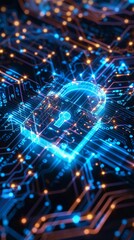 Cybernetic padlock symbolizing secure digital environments. Encryption-focused digital lock against a cybernetic pattern. Digital security padlock emblem with intricate cyber background.