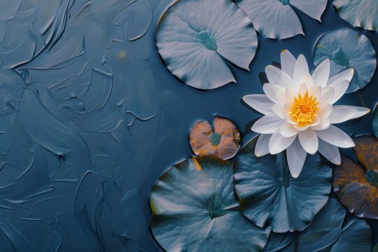 Lotus flower in pond from above fine art. Water lily on dark paint canvas texture top view wallpaper. Japanese zen garden landscape. Vintage botanical background.