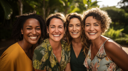 Portrait of four women middle age in a close, affectionate embrace, exuding a sense of unity and genuine happiness.