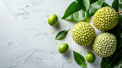 Fresh durian fruits with green leaves and water droplets on white. Freshly harvested durian, tropical fruit on a textured background. Exotic durian with visible textures and freshness indication. - obrazy, fototapety, plakaty
