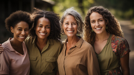 Portrait of four women middle age in a close, affectionate embrace, exuding a sense of unity and genuine happiness. - obrazy, fototapety, plakaty