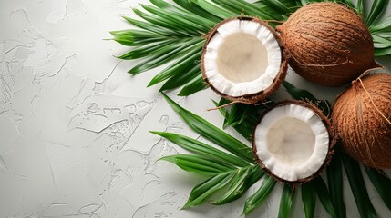 Obraz na płótnie Canvas Fresh whole coconuts with green leaves on a textured surface. Tropical coconuts ready for refreshment. Whole coconuts with a natural backdrop perfect for health and nutrition.