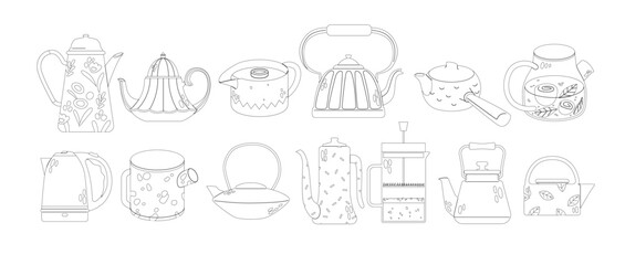 Teapots And Kettles Isolated Outline Vector Icons Set. Monochrome Vintage and Modern Decorative Kitchen Tools