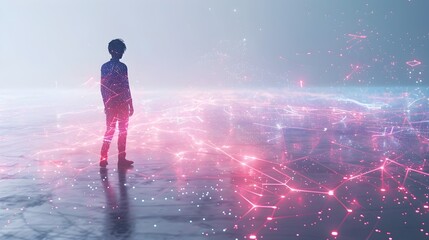 Obraz premium Person Navigating Virtual Reality A Glimpse into the Digital Landscape of Neural Connections and Global Networks