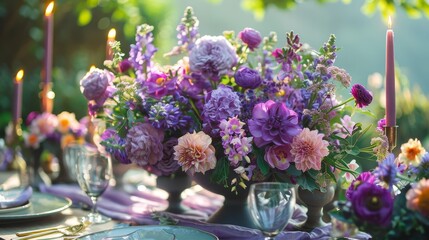 Obraz na płótnie Canvas Purple Flowers Arranged on Table