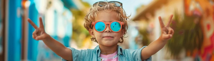 Fotobehang Child in sunglasses flashing peace signs © Oranuch
