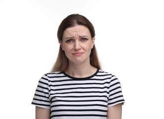 Portrait of sad woman on white background