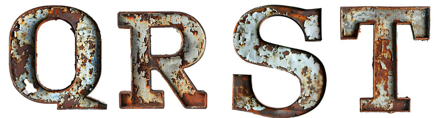 Old rusty metal alphabet Letter Q, R, S, T Isolated on transparent background cutout - Generative AI	 - obrazy, fototapety, plakaty