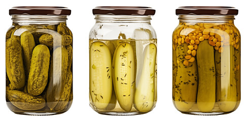 three pickle jars containing gourmet homemade pickled cucumbers with various spices - obrazy, fototapety, plakaty