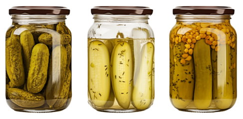 three pickle jars containing gourmet homemade pickled cucumbers with various spices