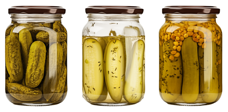 three pickle jars containing gourmet homemade pickled cucumbers with various spices