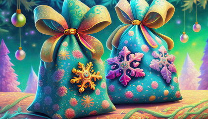 two blue bags with snowflakes on them