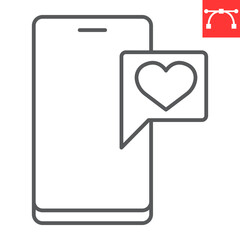 Love message line icon, mobile and communication, smartphone with heart vector icon, vector graphics, editable stroke outline sign, eps 10.