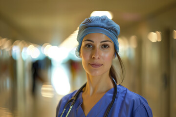 A portrait of a female health care medical worker, blurred background, motion blur, long exposure, bokeh. Created with Generative AI technology.