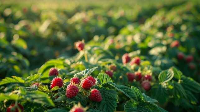 Ripe red raspberries growing in a lush field